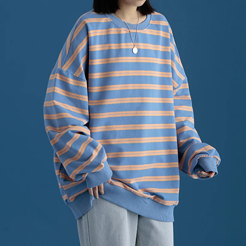 

2021 New Oversize Hoodies Women Striped Loose Sweatshirts Women Casual Lady Pullovers