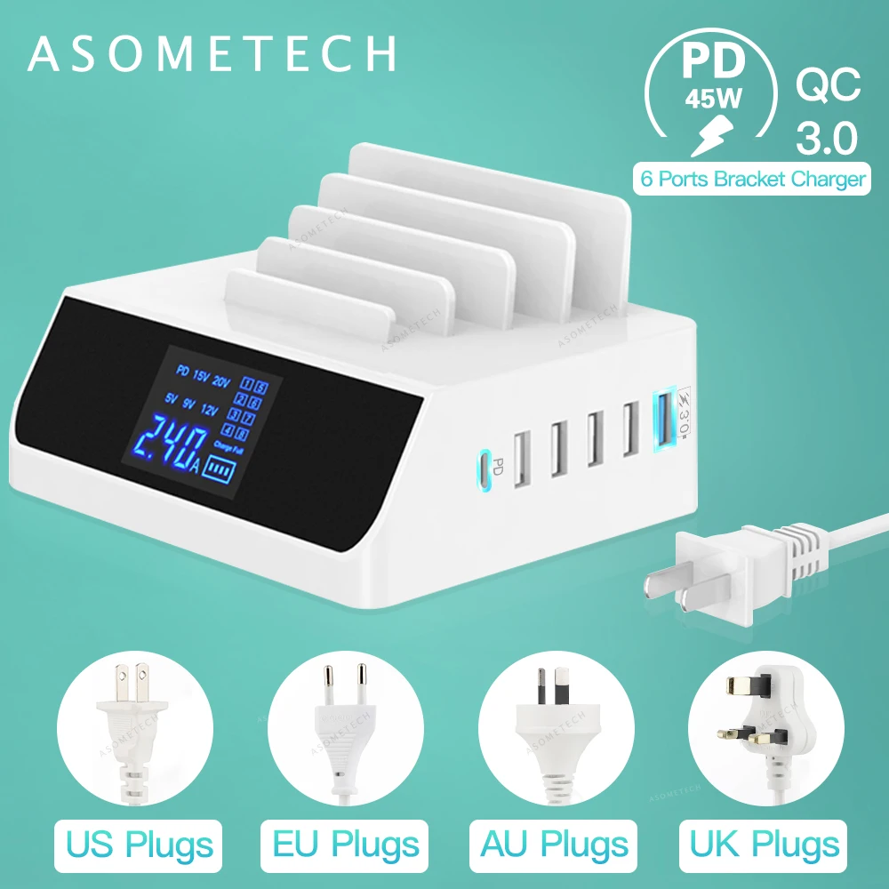 

45W PD QC 3.0 Phone Fast Charger 6 Multi Ports Quick Charge Station Adapter USB Type C Bracket Charger for Xiaomi iPhone Samsung