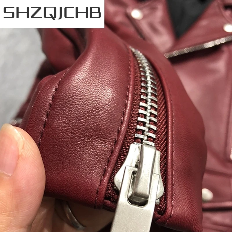 

JCHB 2021 Fashion Women Wine Red Sheepskin Genuine Leather Jacket Motorcycle Female Short Coat Windproof Autumn Casual Real Leat