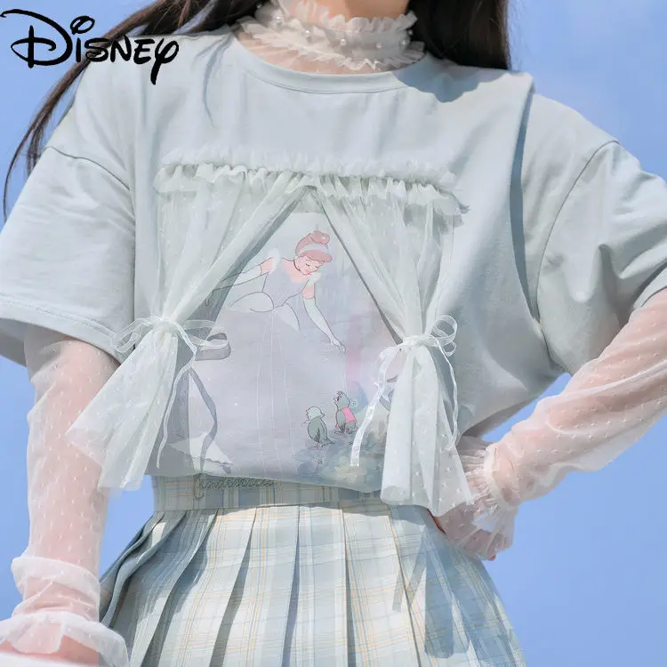 

Disney Ladies Summer Fashion Lace Stackable T-shirt Simple Cartoon Sweet Loose Comfortable Pure Cotton Short Sleeve
