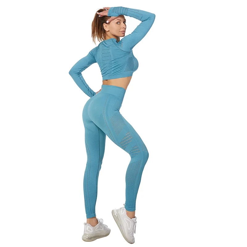 

Vital Women Sport Suit Yoga Set Gym Workout Clothes Long Sleeve Fitness Crop Top + High Waist Energy Seamless Leggings NVYJ71