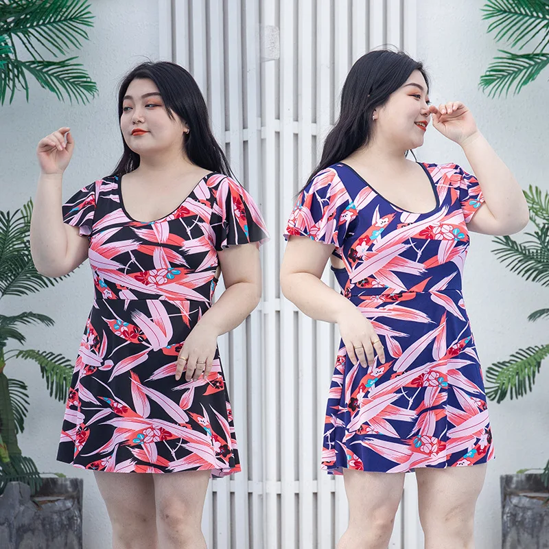 

Fashion Floral Print One Piece Swimming Skirt Short Sleeves Swimwear Women Low Collar Surfing Beach Bathing Swim Skirts 2021 New