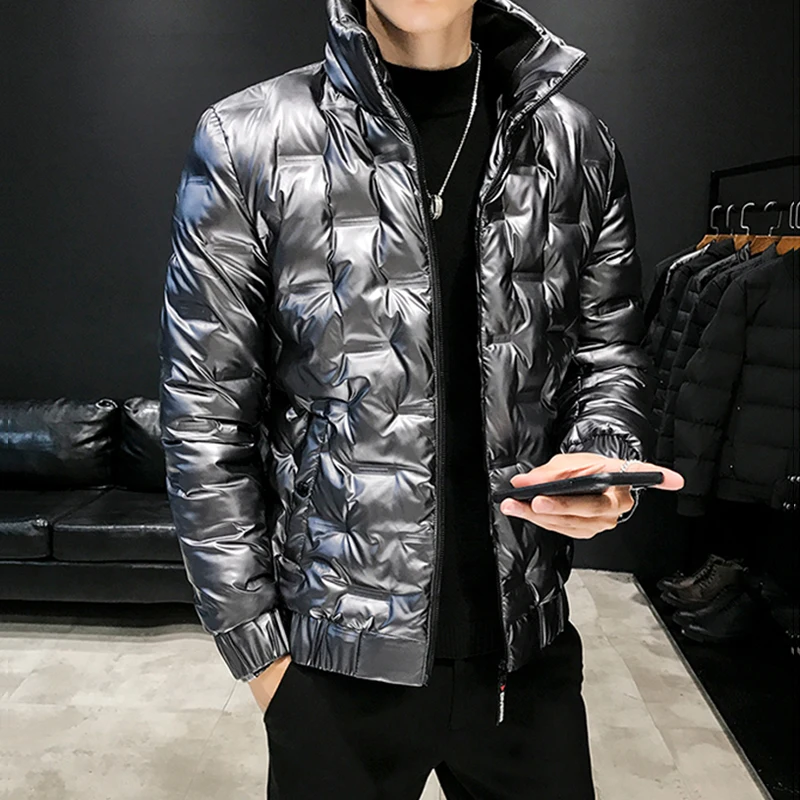 Men Stand Collar Jacket Leather Punk Coat Parka Padded Outwear Black Silver New Warm Mens Coats N043