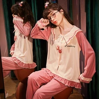 autumn and winter ladies pajamas sweet lace up bowknot strawberry cotton long sleeved casual comfortable soft homewear jjf0205