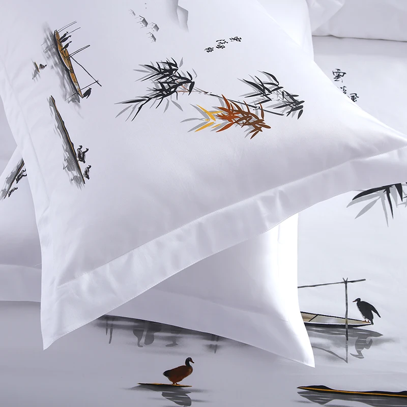 

Chinese Style White Gray 5 Star Hotel Bedding Set 100% Cotton Duvet Cover Quilt Cover Bed Flat Sheet Pillowcases King Size 4Pcs