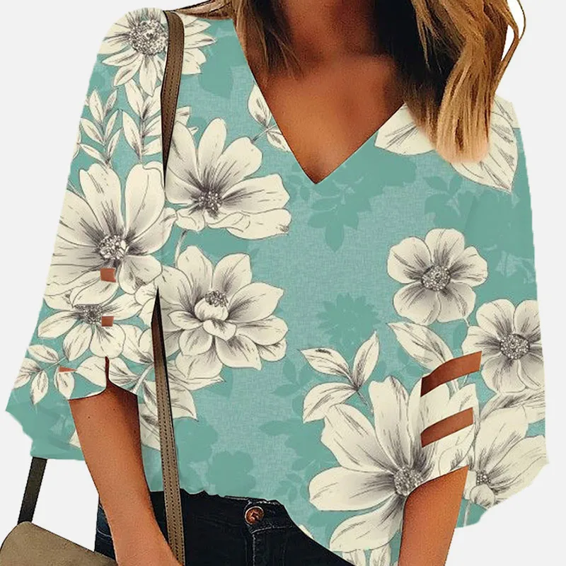 Женская блузка с цветочным принтом V образным вырезом и рукавом 2020|Блузки| |