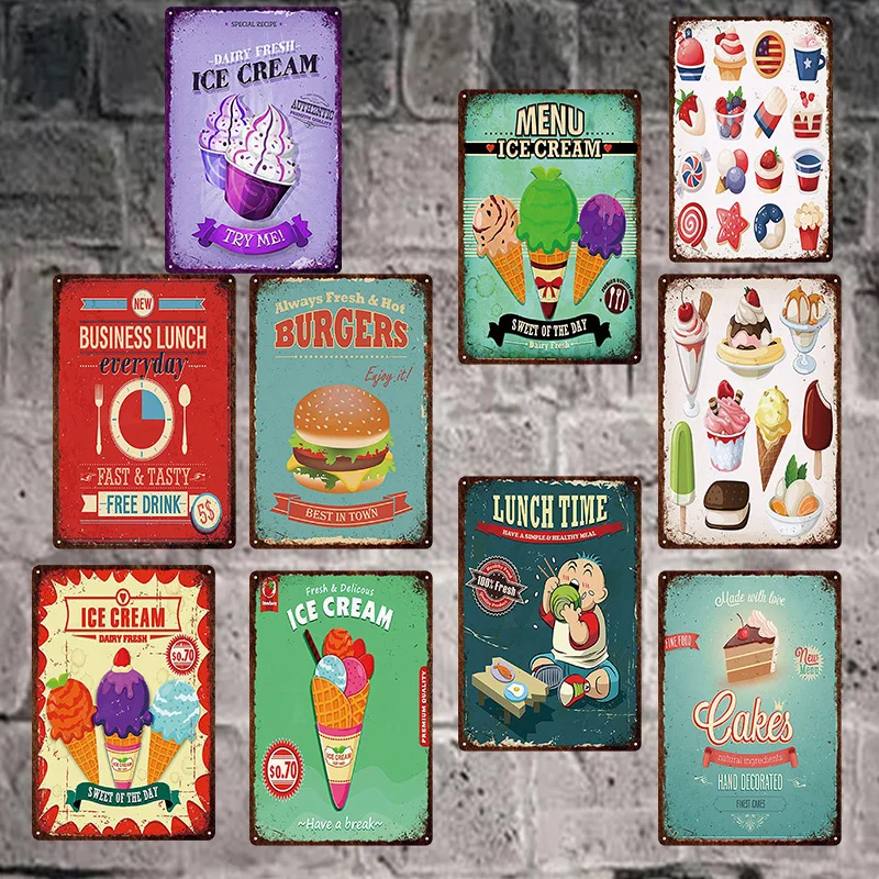

Dessert Metal Poster Tin Sign Ice Cream Home Kitchen Dessert Store Wall Sladable Decoration 20X30Cm