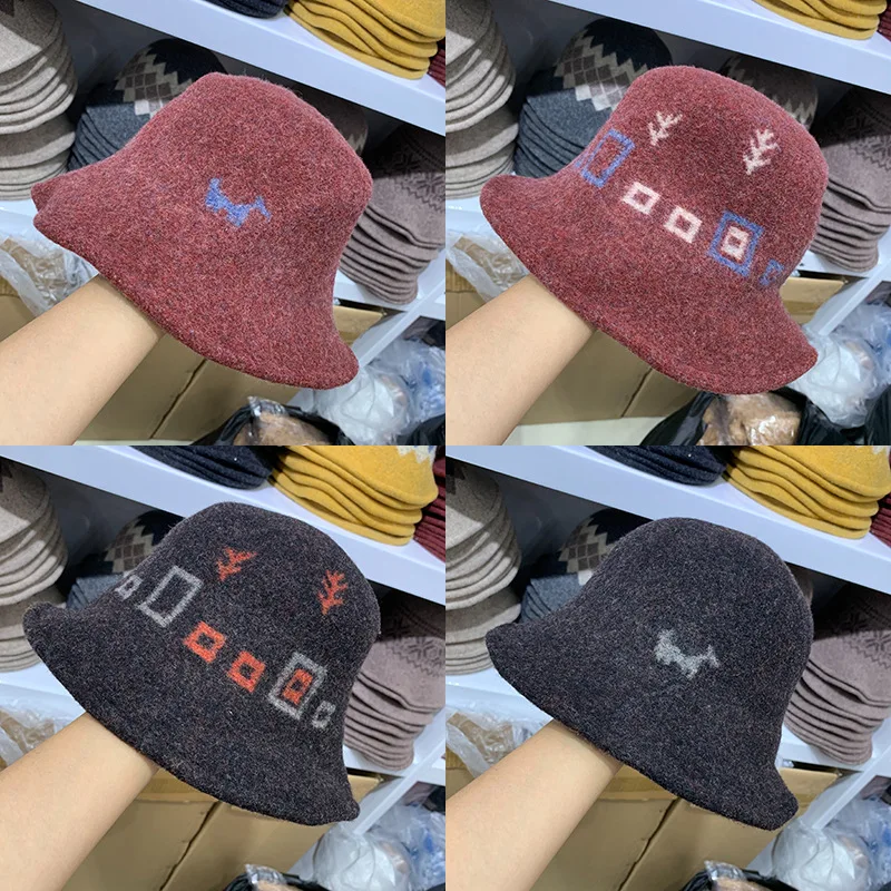 

Autumn Winter Women Wool Bucket Hat 7 Colors Cute Geometric Dog Caps Elegant Lady Fisherman Hats Outdoors Warm Cap All Match