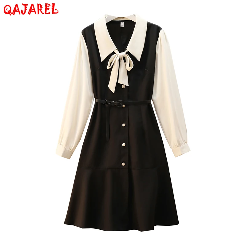 

Women Black Hepburn Patchwork Midi Dress 2022 Korean Vintage Solid Casual Dress Autumn Winter Elegant Bodycon Office Lady Dress