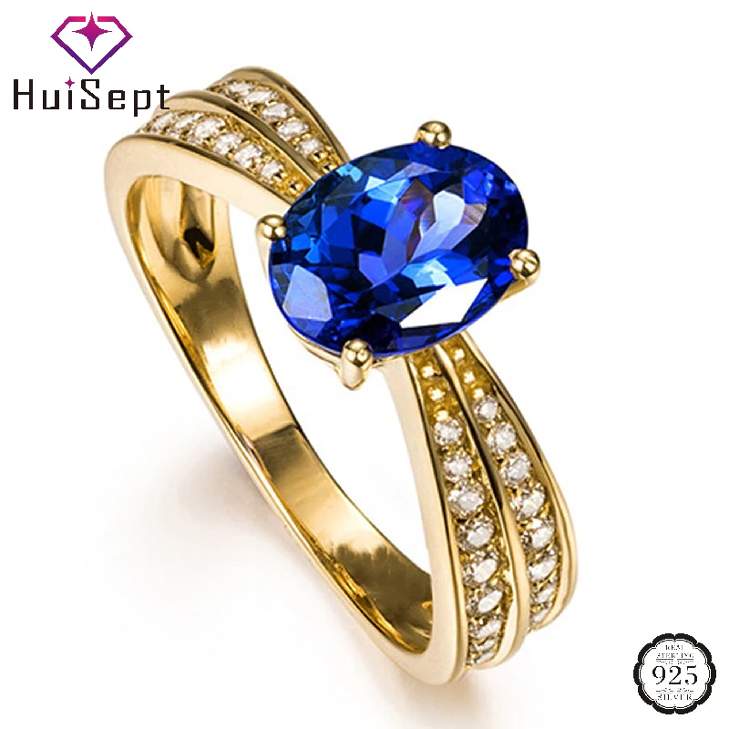 

HuiSept Rings 925 Silver Jewelry Oval Shape Sapphire Zircon Gemstones Gold Color Finger Ring for Women Wedding Engagement Party