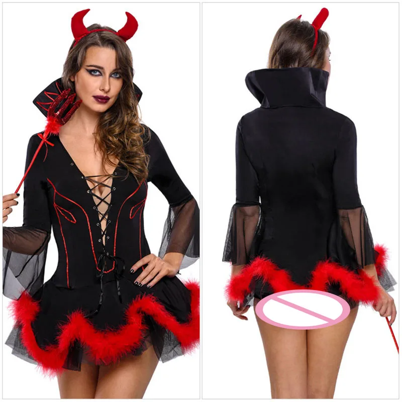 Женский сексуальный костюм для Хэллоуина дьявола демона хозяйки популярный с V
