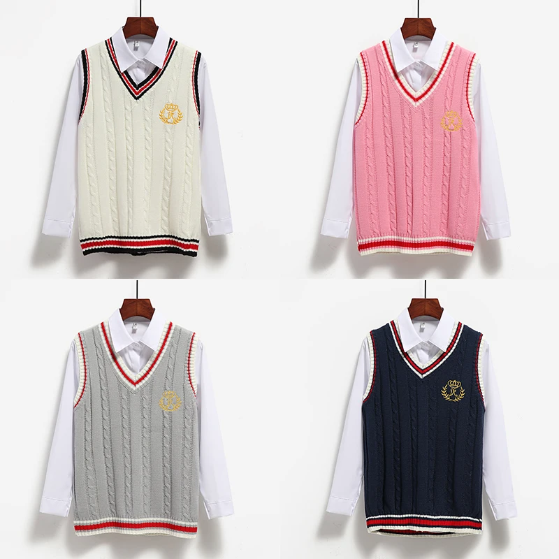 

Spring Autumn Women JK Knit Sweater Vest Pullover V-necked Sleeveless Jumper Outwear Fall Winter Clothing Female College Style