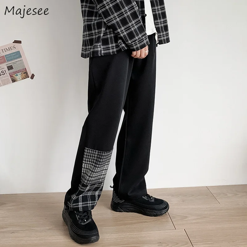

Men Casual Pants Ankle-length Patchwork Chic Plaid Trendy Loose Sweatpants Drape Japanese Style Harajuku Streetwear Retro