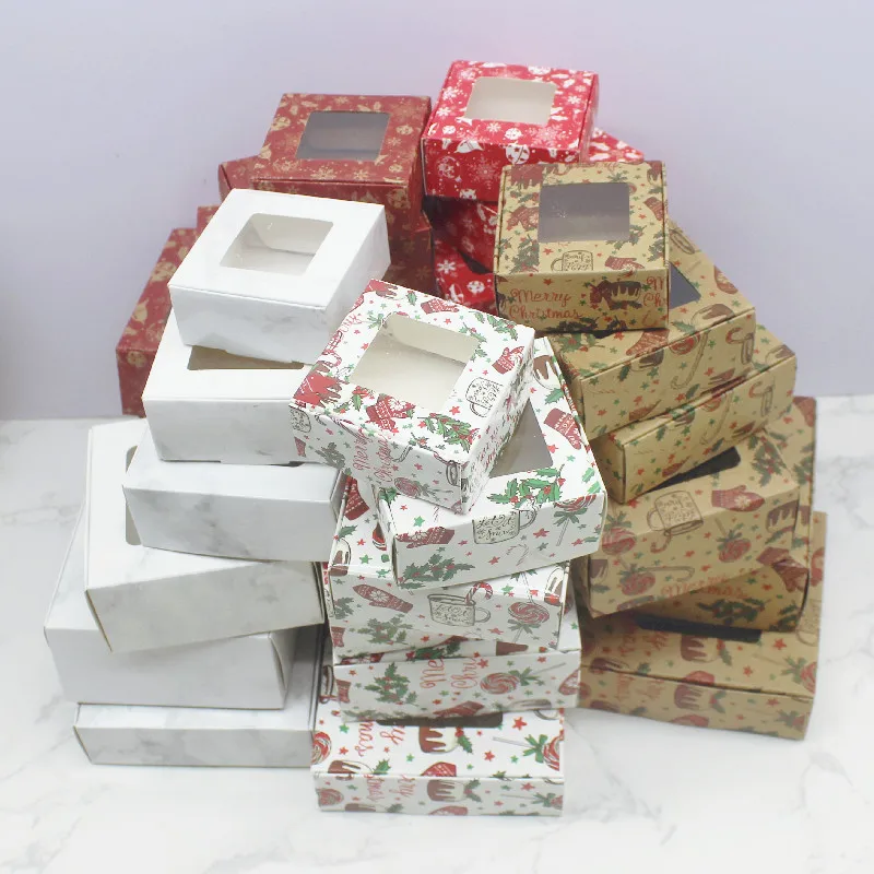 

20Pcs Multi Size Gifts Window Marbling Pattern Paper White /Kraft Print Red Snow Display Box Candy Wedding Favors Party Supplies
