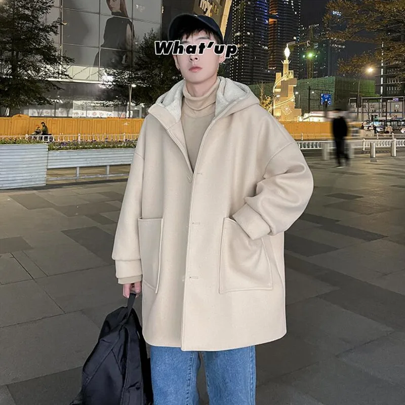 

Winter Plush Thick Woolen Woolen Coat Men Warm Fashion Casual Hooded Woolen Coat Men Korean Mid-length Woolen Coat Mens Overcoat