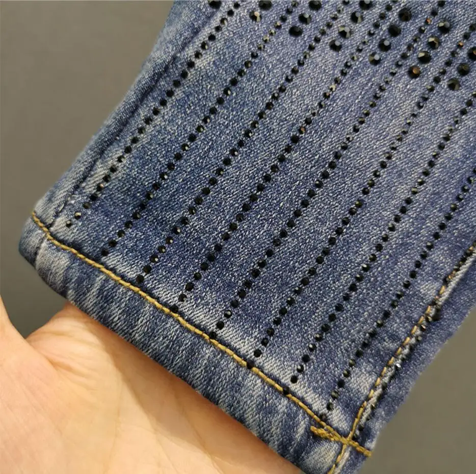 

European style plus velvet thick jeans women new winter elastic high waist slim hot drilled denim pants s307