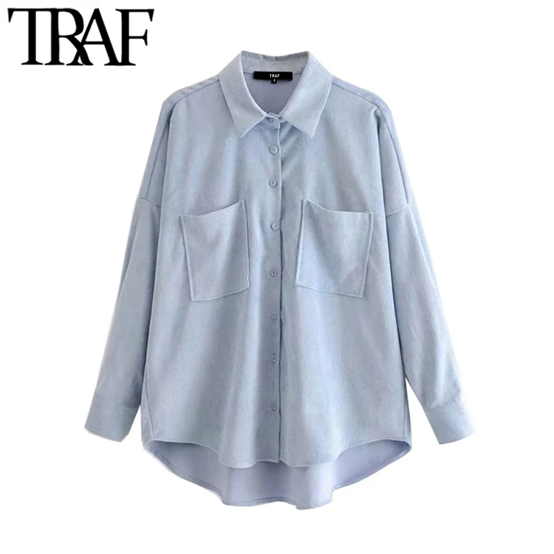 

TRAF Women Fashion Pockets Oversized Button-up Corduroy Shirts Vintage Long Sleeve Asymmetric Loose Female Blouses Chic Tops