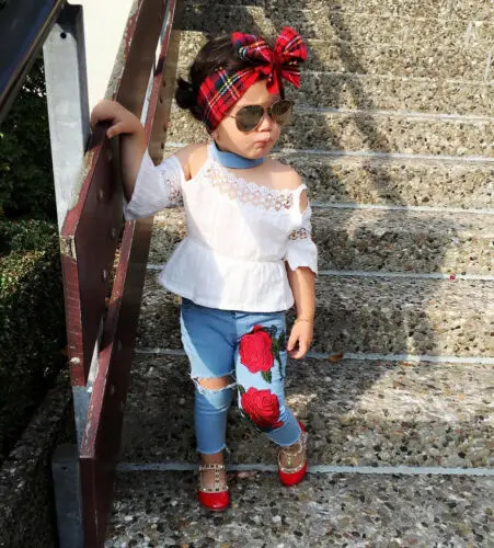 

HOT Kids Girls Lace Tops Shirt Flower Jeans Denim Pants Outfits Set 1-6 Support wholesale