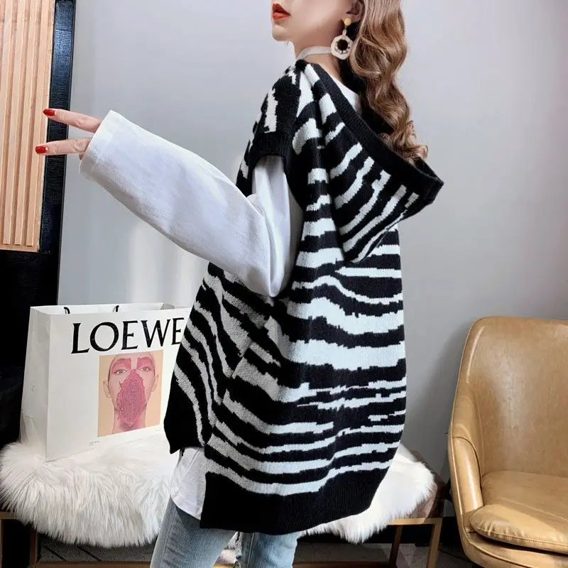 

2022 Autumn Winter Women Sleeveless Knitwear Vest Female Fashion Zebra Pattern Knitted Sweaters Ladies V Neck Warm Pullover Q73