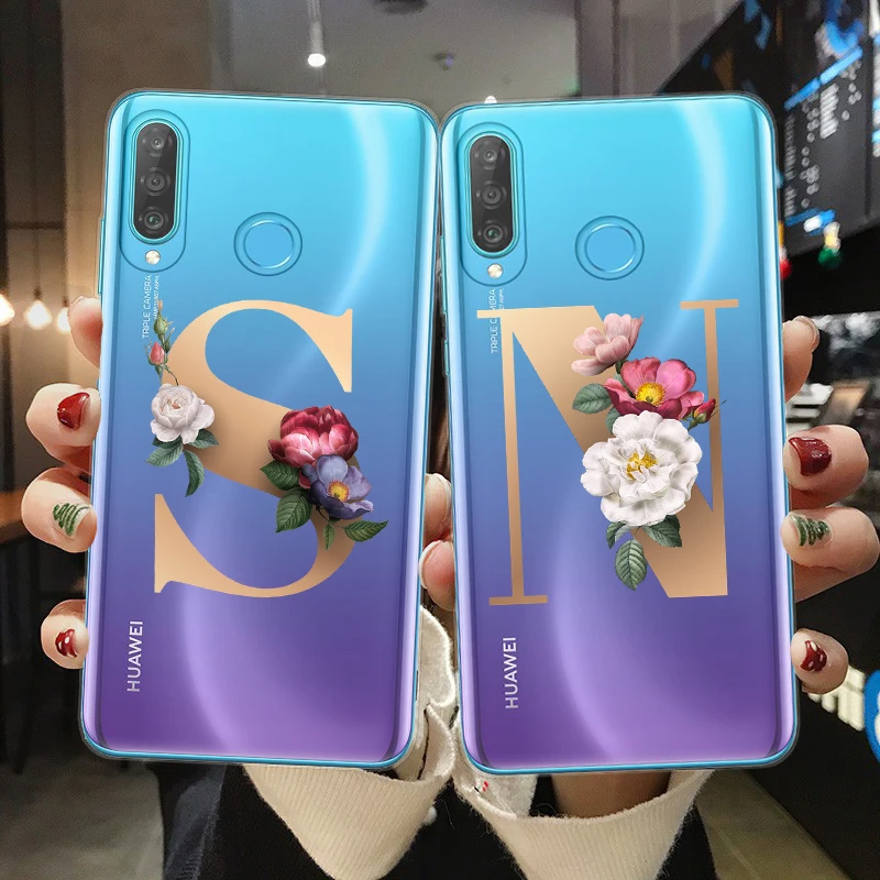 Мягкий силиконовый чехол с надписью и именем для Huawei P10 P20 P30 Lite Pro цветами