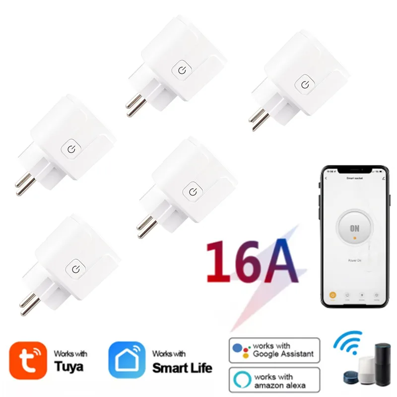 

5pcs Tuya WiFi EU Smart Plug Wireless Remote Timer Voice Control Home Fire Retardant PC Smart Power Socket For Google Home Alexa