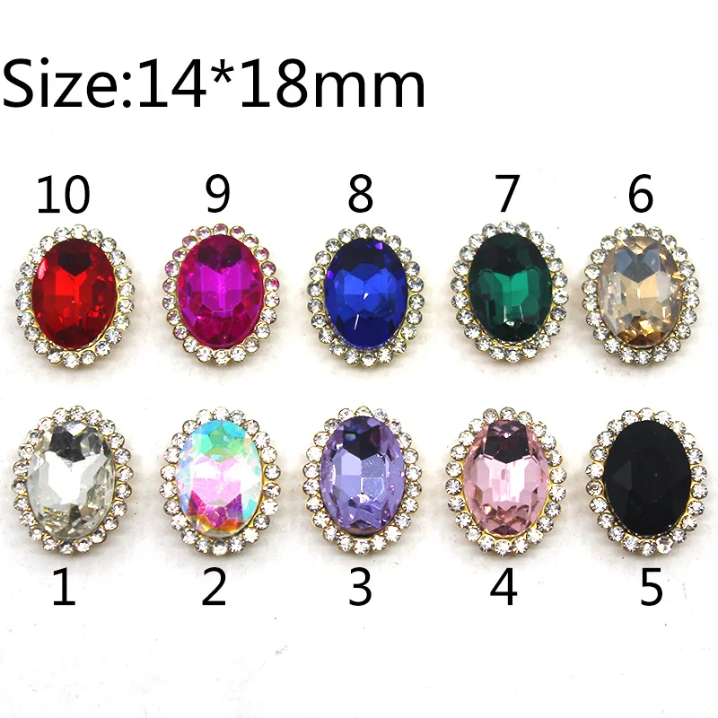 

New 10Pcs/Lot 14*18mm Oval Glass Rhinestone Buttons Flatback Clothing Wedding Invitations Decorate Alloy Button Scrapbooking