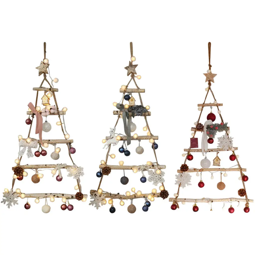 

95cm Tall Nordic Style DIY Wood Christmas Tree Wall Hanging Branch Ladder + Decorations Fairy Lights for Holiday Party Garden