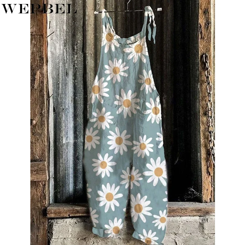 

WEPBEL Women Vintage Summer Floral Print Jumpsuit Ladies Casual Fashion Retro Loose Wide Leg Trouser Romper Strap Overalls