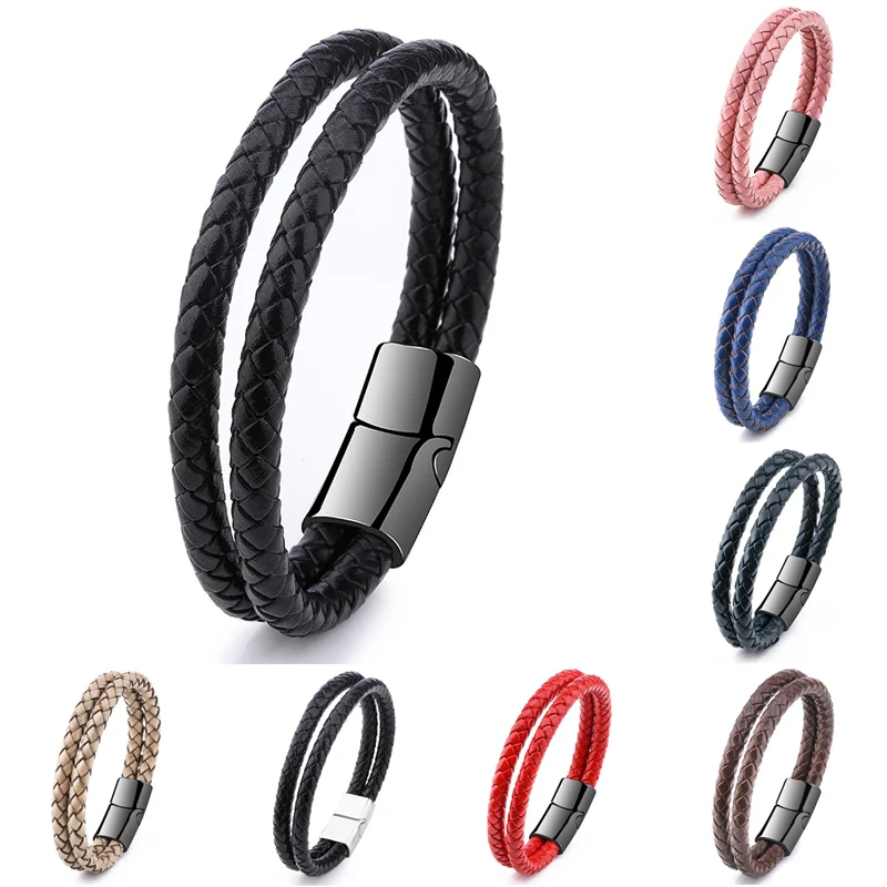 Браслет мужской из натуральной кожи двухслойный браслет нержавеющей стали с