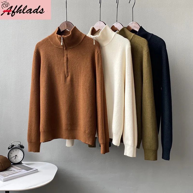 

Водолазка на молнии, пуловер, свитер, топы, новинка зимы, корейский однотонный теплый длинный рукав, прямая Офисная Женская одежда