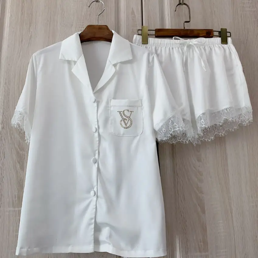 

Pajamas for Women Shorts Female Sexy Lace Pajamas Summer Silky Satin Homewear Short Sleeve Gifts for Wife and Girlfriend
