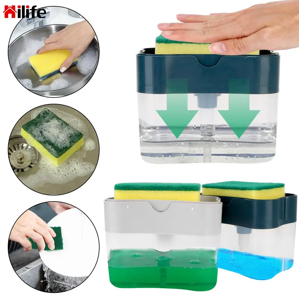

Cleaning Liquid Dispenser Container Soap Pump With Sponge Holder Soap Organizer Kitchen Tool Manual Press 385ml