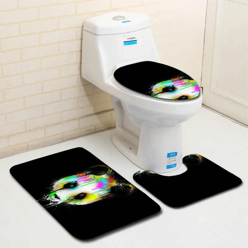 

Funny Panda Printed 3Pcs Toilet Bath Mats Set Absorbent Pedestal Rug Lid Toilet Cover Washable Bathroom Rugs Floor Carpets