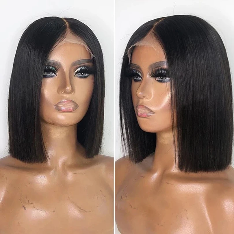 14 Inch Jet Black Short Bob Hair Wigs For Women Baby hair Natural Hairline Lace Front Wig Synthetic Cosplay Daily | Шиньоны и парики