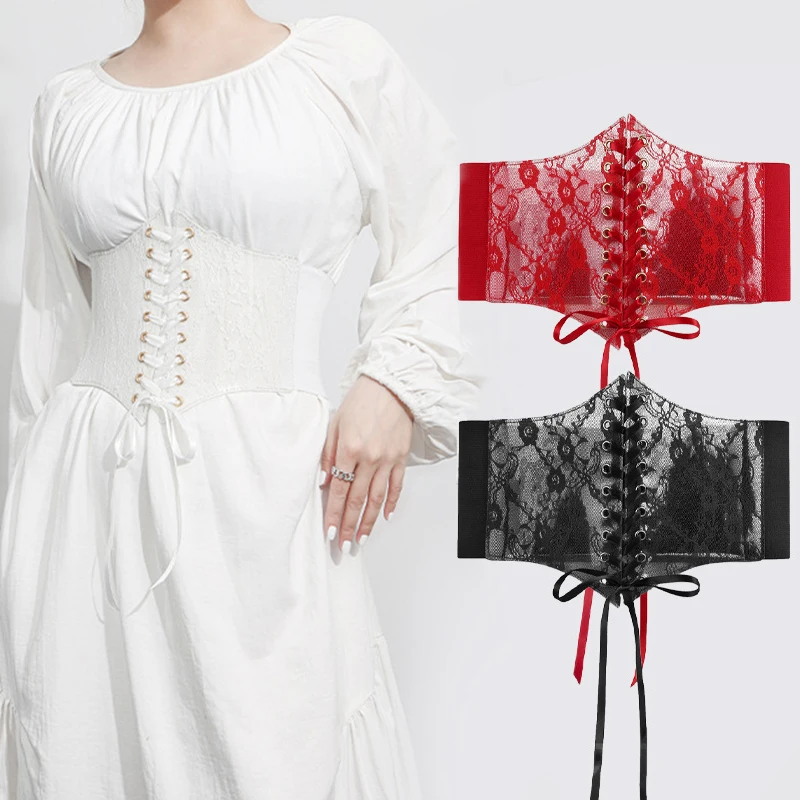 

Модный широкий тонкий кружевной корсет для коррекции фигуры, Женский корсет с высокой талией, эластичные тонкие ремни для тела, нейлоновый ...