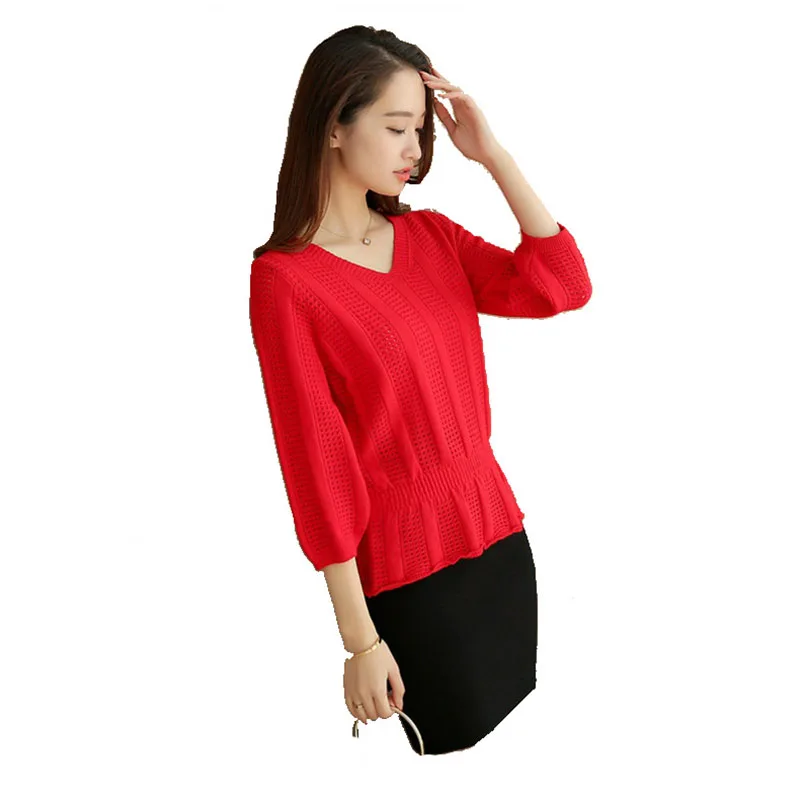 2019 autumn new hollow V-neck sweater women's Korean casual fashion nine-point sleeve thin loose waist bottoming shirt | Женская