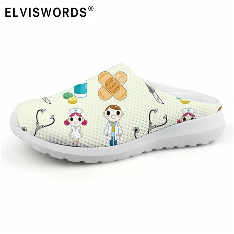 ELVISWORDS Cartoon Nurse Print Slippers women Cute Medical Doctor Air Mesh Sandals Summer Casual Beach Flat shoes Zapatos Mujer