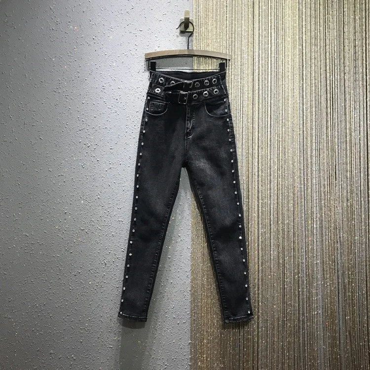 Стразы женские джинсы с бисером Черные Серые Новинка Весна 2020 эластичные