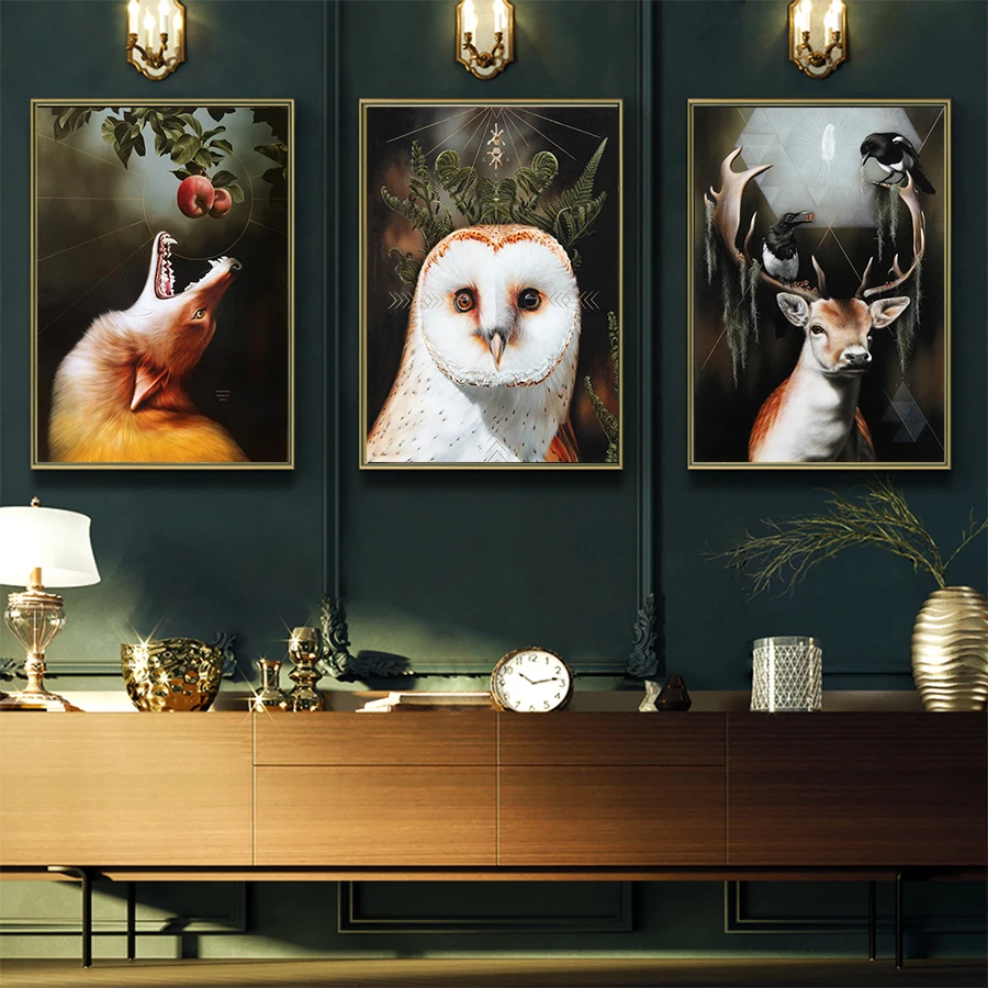 Фотообои искусство сова овечка лиса американская ретро ностальгия картина