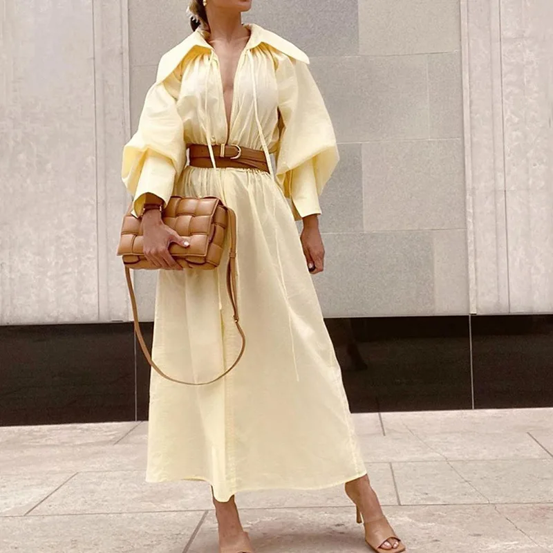 Осеннее однотонное желтое платье макси с длинным рукавом фонариком женские