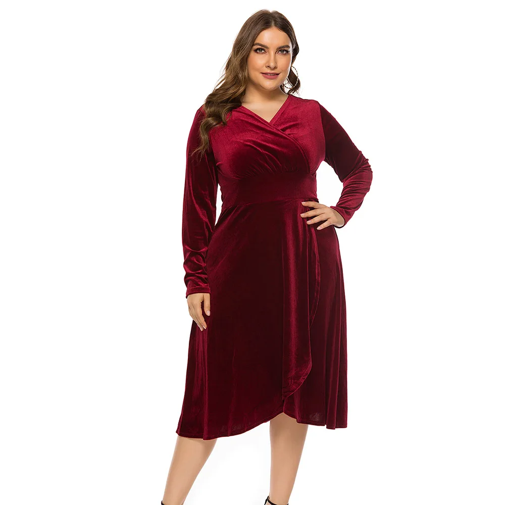 Осеннее женское велюровое платье большого размера с v-образным вырезом и высокой