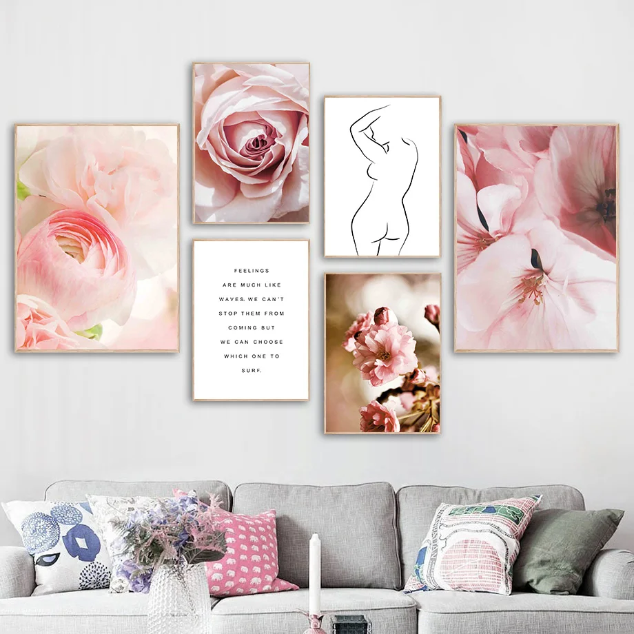 

Ranunculus Rose Flower Peony Cherry Line Wall Art Canvas Painting Nordic Posters And Prints Wall Pictures For Living Room Decor