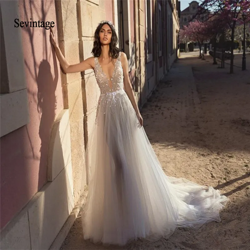 

Sevintage Beach Boho Wedding Dresses Plus Size V Neck Lace Appliqued Beaded Bridal Gowns Backless Vestidos De Novia