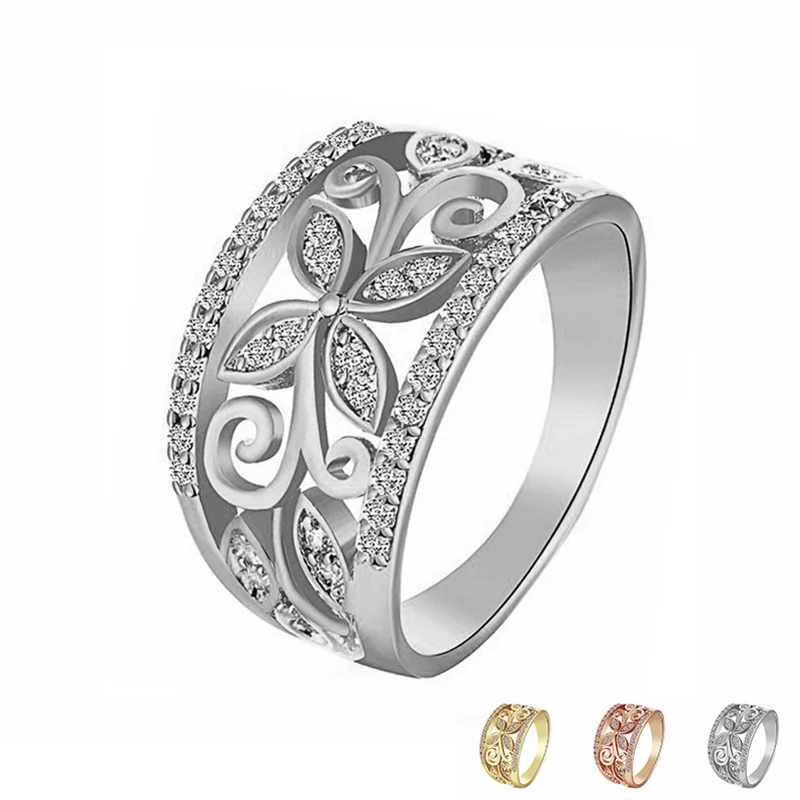 Женское Обручальное кольцо с кристаллами позолоченное и серебряное полым