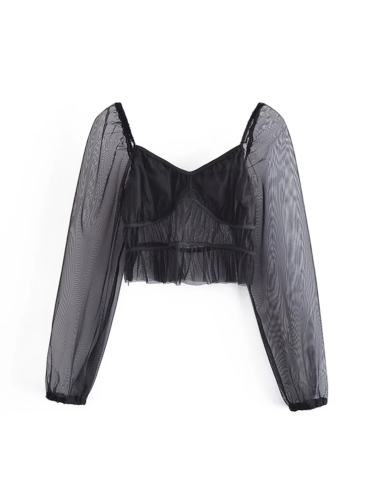 

Willshela женские модные однотонные прозрачные укороченные топы в винтажном стиле с квадратным воротником и длинными рукавами-фонариками женс...