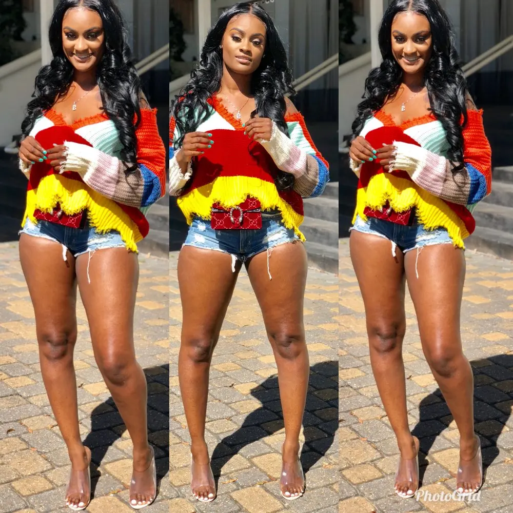 Wjustforu Striepd Ripped Sweater Pullovers Ladies Knitting Fashion Casual Tassel Frayed Sweaters Long Sleeve Pullover Tops | Женская