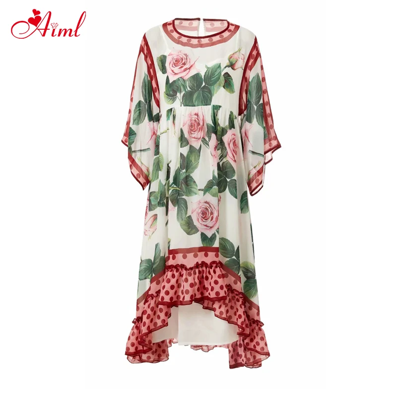 

Designer Fashion Summer Dress Female Pink Floral Print Chiffon Ruffles Asymmetrical Beach Loose Dress Ladies Midi Dress New