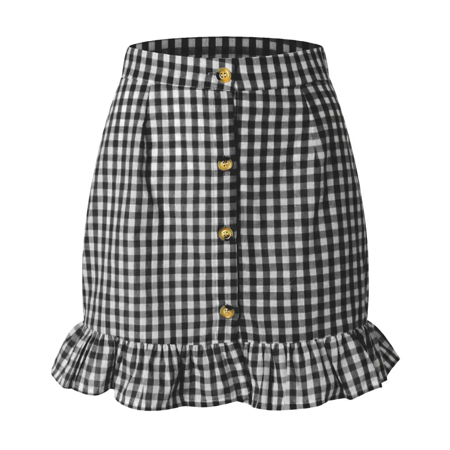 

2021 Summer Women's Plaid Ruffle Skirt High Waist Single Row Button Small Fresh Plaid Skirt