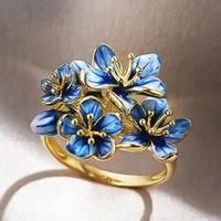 golden petal blooming wedding ring jewelry ring wholesale charming blue flower ring womens fashion accessories