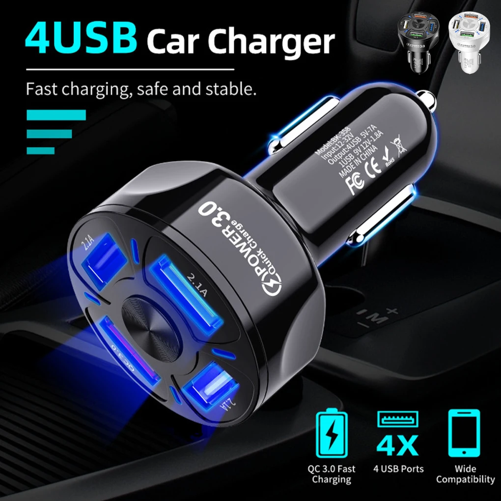 

4 Port USB QC3.0 Fast Car Charger For Iphone 7 8 XR XS Max 11Pro Samsung A10 Xiaomi 8 Led Light Dispaly Car Usb Charger